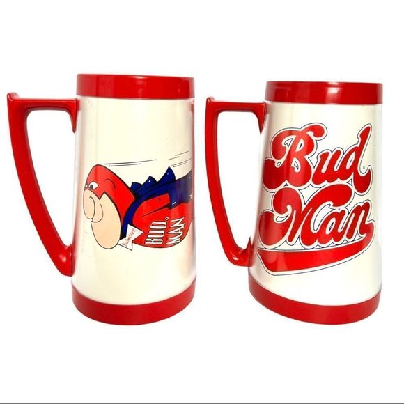 Set of TWO Bud Man Vintage Beer Mugs Superhero Thermos and Eagle Red and White - Picture 15 of 15